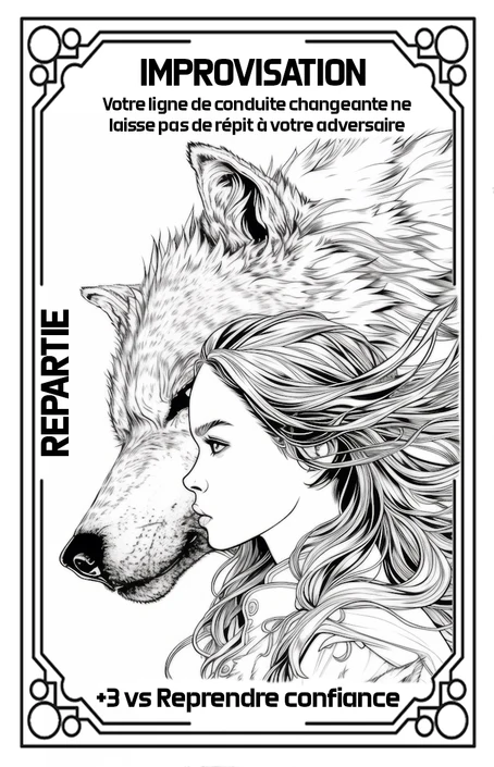 Carte Improvisation du mode scénique, illustrée par un visage de femme et un loup