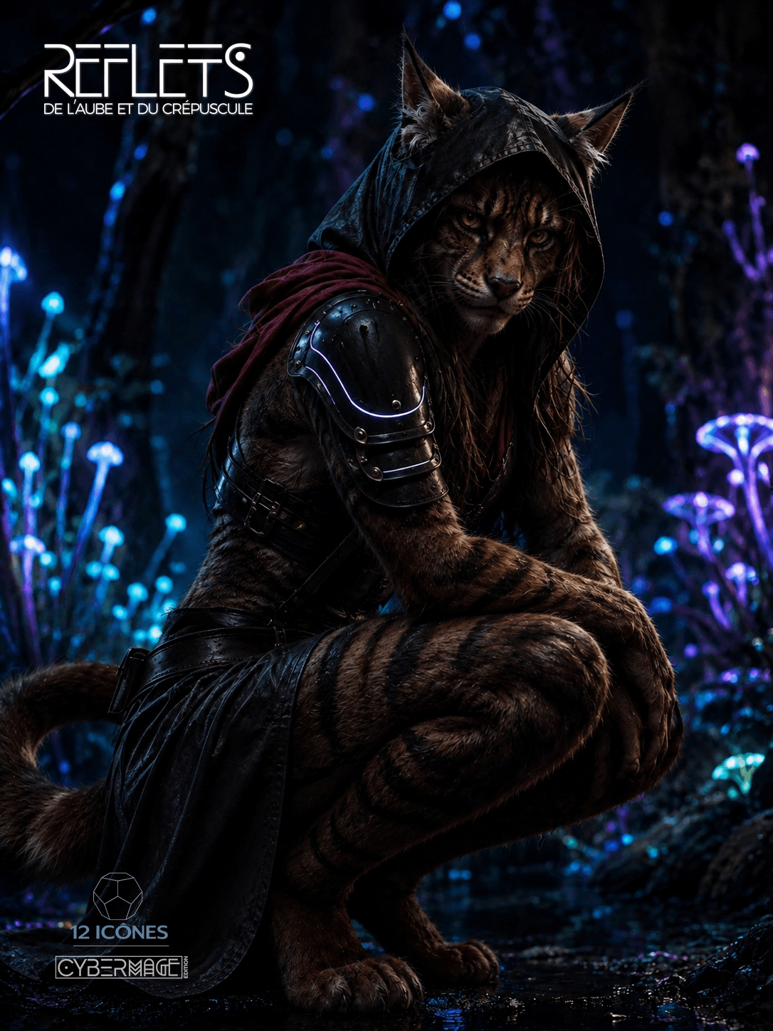 Une créature féline anthropomorphe en armure, assise dans une forêt aux lueurs bleues et violettes